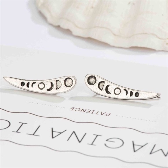 Silver Tone Crescent Moon Phase Climber Earrings - Picture 2 of 7